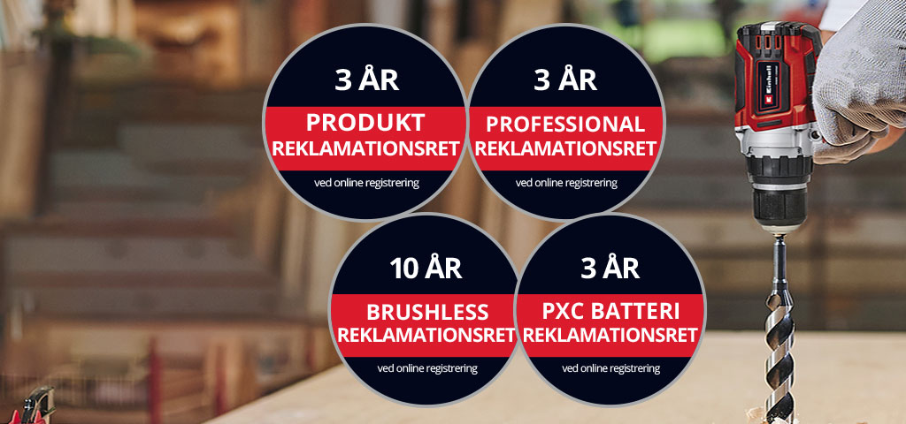 "Her kan du se en mand i et værksted, der bruger en Einhell-boremaskine. Derudover er ikonerne for de forskellige typer garantiudvidelser placeret på billedet. Følgende garantiudvidelser er mulige: 'Produktgaranti', 'Professional-garanti', 'Brushless-garanti' og 'Batterigaranti'."