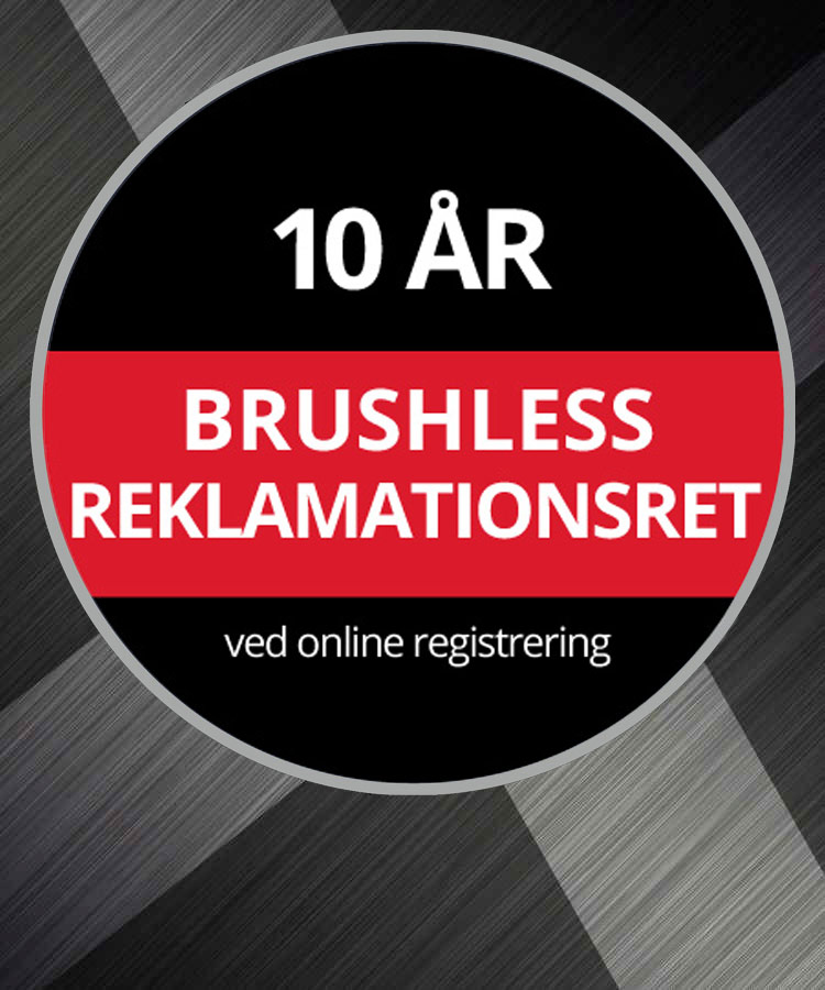 Rundt garantilogo med teksten »10 års Brushless reklamationsret ved online-registrering« på en grå baggrund.