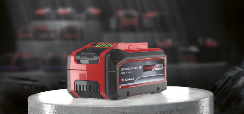 Illustration af et originalt Einhell-batteri og forfalskede batterier