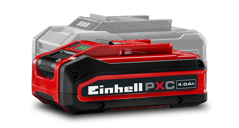 Einhell Power X-Change-batteri med en kapacitet på 4,0 Ah vist i farver i forgrunden, med et nedtonet batteri i baggrunden.